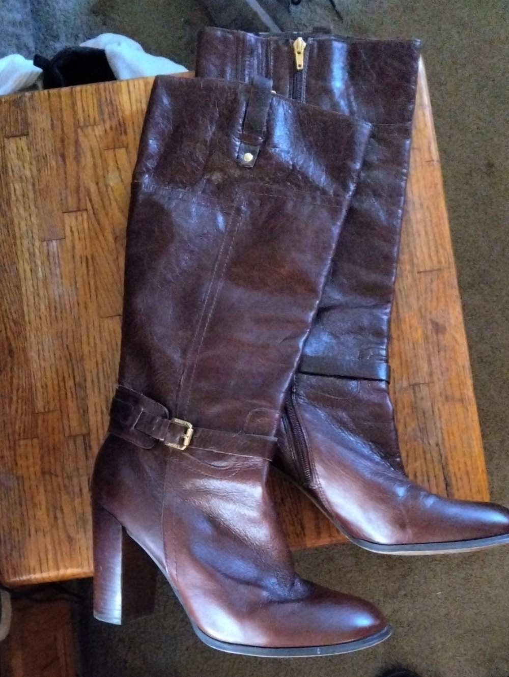 Audrey Brooke Tall Brown Leather Heeled Boots with Buckle
